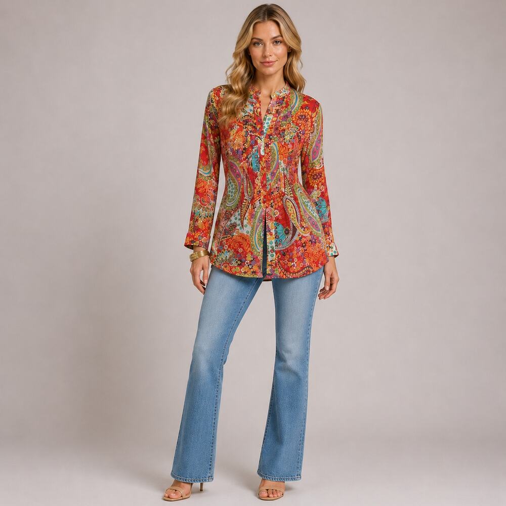 Soft Surroundings Sheer Tailored Blouse Paisley Print Normcore Boho Woman Size L